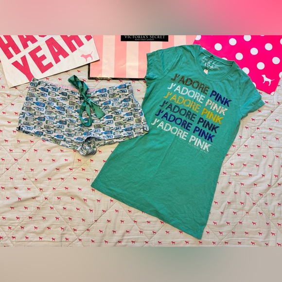 VS PINK VINTAGE Y2K SET TEE SHIRT & SHORTS BLUE GREEN J’ADORE PINK BLING HTF M/L